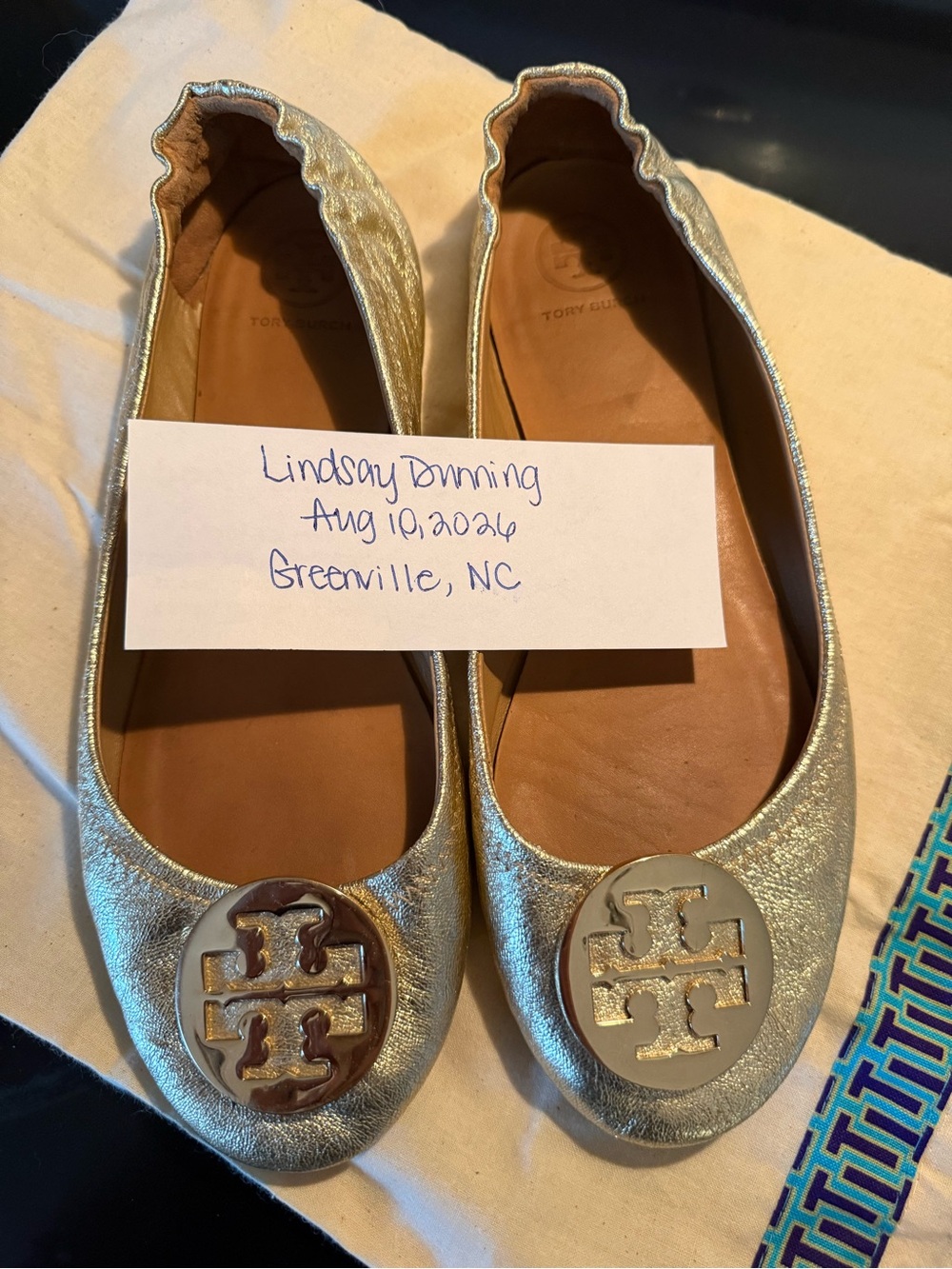 Tory Burch Metallic Gold Logo Ballet Flats